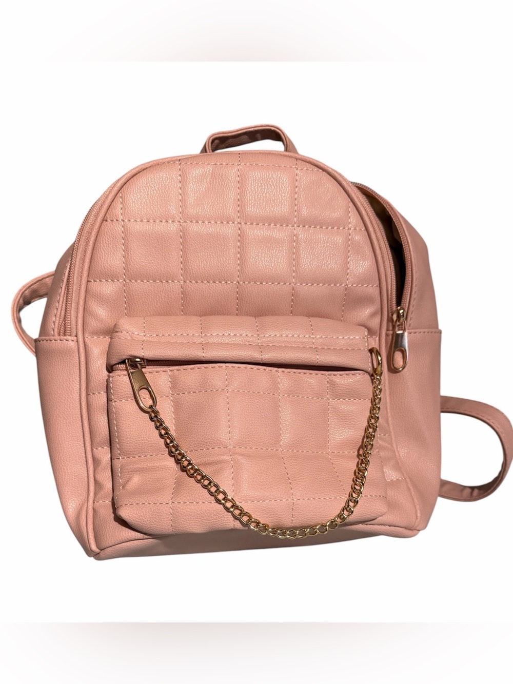 Essen Bella Pink Quilted Mini Backpack with distinct gold chain on front pocket